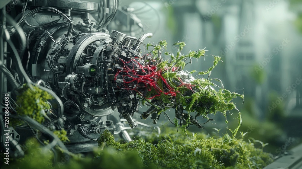 Fototapete Futuristic biological machines integrating nature science lab digital art high-tech environment close-up view