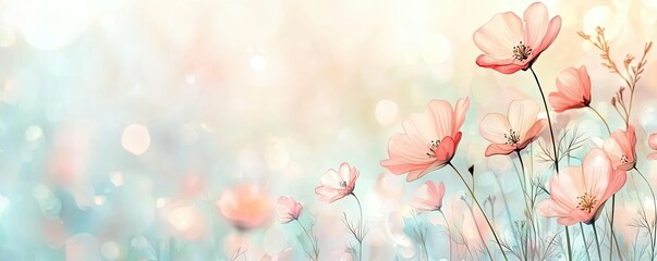 Fototapeta premium Nature watercolor idea. Beautiful pastel flowers swaying gently in a soft background of light and colors.