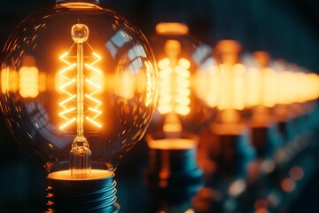 Idea concept with row of light bulbs and glowing bulb, Generative AI