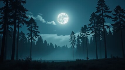A mesmerizing close-up of the moon dominates a deep blue nocturnal sky, with an ethereal layer of fog enveloping its lower half, creating a mystical and serene atmosphere