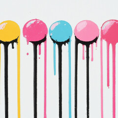 Colorful dripping paint spheres on white background, creating vibrant and artistic composition