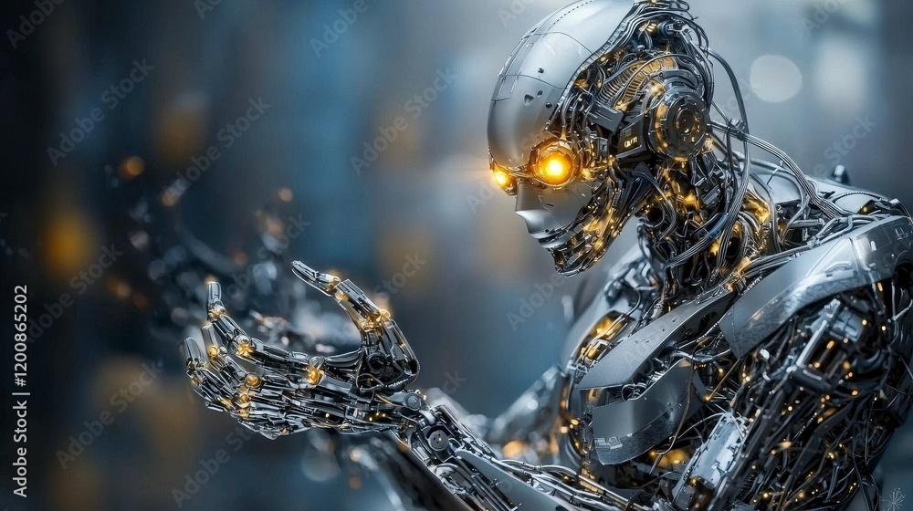 Poster Humanoid robot with emotions futuristic lab digital art sci-fi environment close-up view artificial intelligence concept