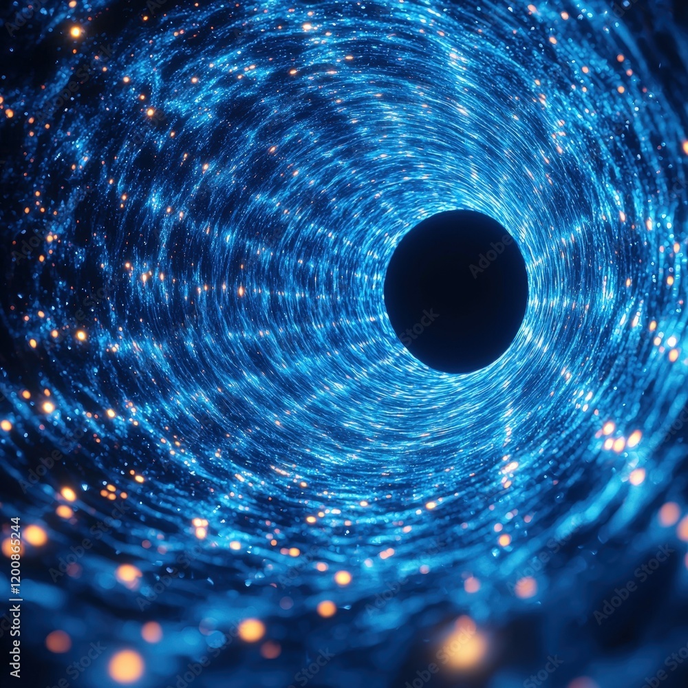 Poster a swirling blue vortex with a dark center and sparkling particles. ideal for backgrounds, abstract a