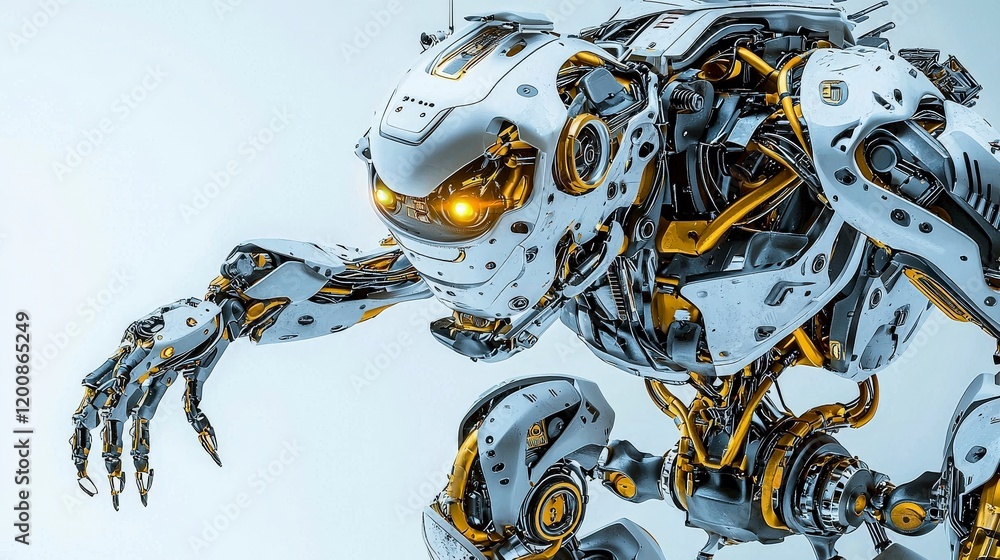 Poster humanoid robot with emotions futuristic studio digital art sleek metal design close-up view technolo