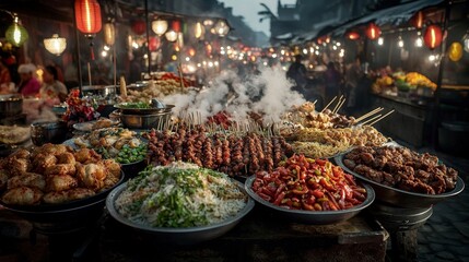 Obraz premium Vibrant street food scene night market asia culinary delight bustling atmosphere colorful vibes