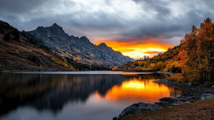 Fototapeta premium Serene sunset over mountain lake colorado nature photography tranquil environment scenic view golden reflections