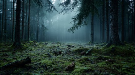Fototapeta premium Morning mist in green pine forest tranquil nature scene lush landscape serene atmosphere enchanting view