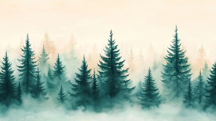 Obraz premium Nature watercolor idea. Misty forest landscape with tall trees creating a serene and tranquil atmosphere.