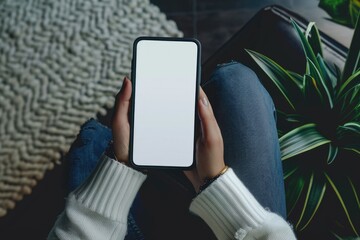 Detailed Color Picture of Top View of Woman Holding Phone Mock Up