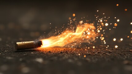 Ignited Bullet on Asphalt with Sparks and Flames - Conceptual Art of Energy and Motion