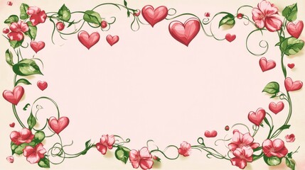decorative frame with a pink background. Adorn the frame with various heart shapes in different shades of pink and red, scattered around the border. 
