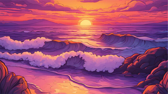 Beach waves on Sunset cartoon illustration