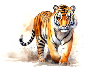 Fototapeta premium Stunning watercolor painting of a majestic tiger walking confidently, set on a white background, perfect for wildlife or artistic-themed projects.