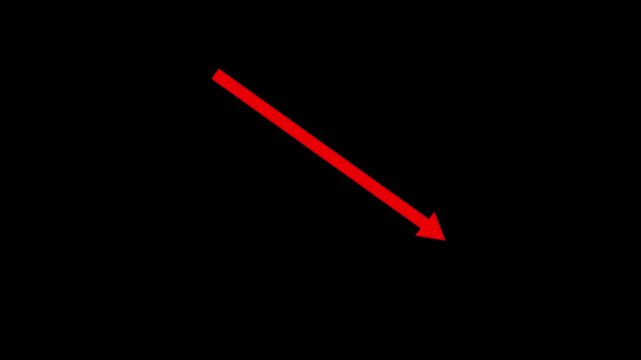 Business graph chart with down trend  arrow red color animation on black background.