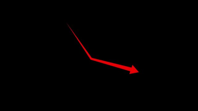 Business graph chart with down trend  arrow red color animation on black background.