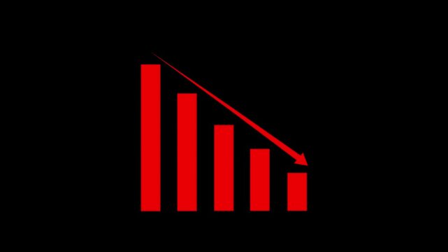 Business graph chart with down trend  arrow white color animation on royal blue grid line background.