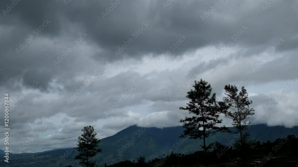 Poster timelapse of dark clouds on a hill with swaying trees.dramatic dark cloud patterns and textures duri