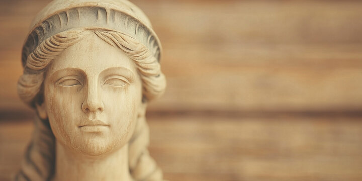 closeup of classical stone sculpture of ancient roman goddess against wooden background