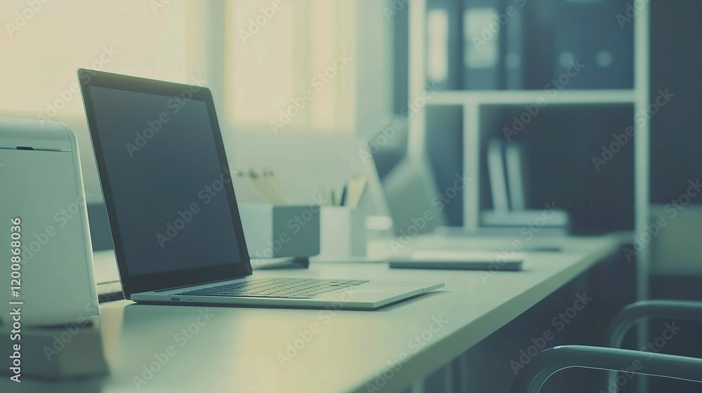 Aufkleber modern office desk setup with laptop and computer in blurred background