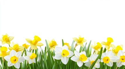 Obraz premium Vibrant arrangement of yellow and white daffodil flowers with fresh green grass against a clean white background, perfect for spring themes and floral designs.