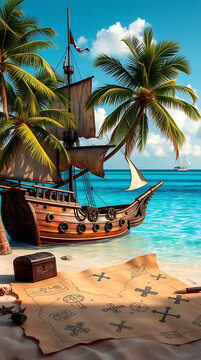 A rugged pirate ship anchored near a hidden cove, surrounded by treasure chests, palm trees, and a map etched in the sand, evoking the adventurous spirit of 'Treasure Island.