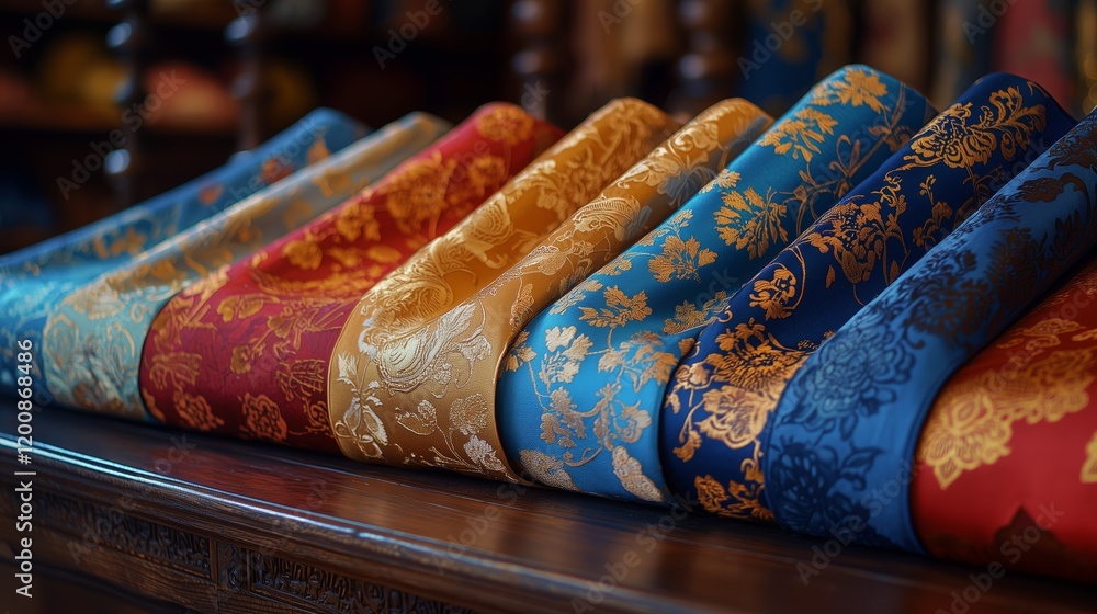 Poster elegant fabrics in vibrant colors with intricate patterns displayed