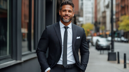 Fototapeta premium A man in a suit and tie standing on a city street