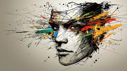 Abstract portrait blending realism with vibrant artistic elements.