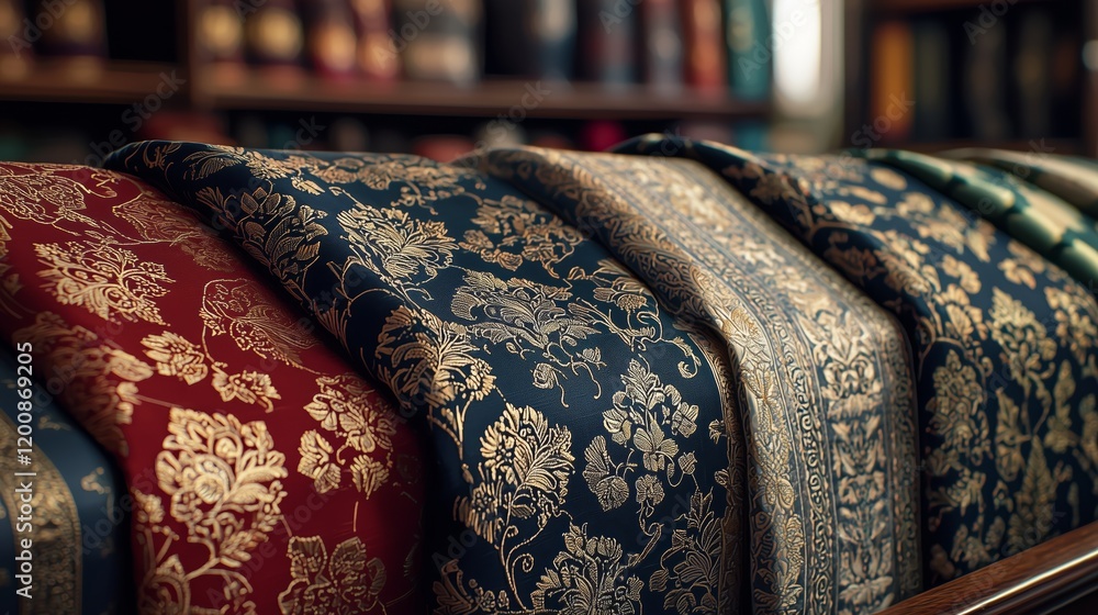 Poster elegant textiles with intricate patterns on a display shelf