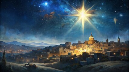 Bethlehem Star Illuminating the City A Clear Night with Silhouetted Houses, Mystical Atmosphere, and Digital Artwork Magic