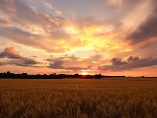 Fototapeta premium Golden Hour Sunset over Wheat Field, Dramatic Sky and Vibrant Colors