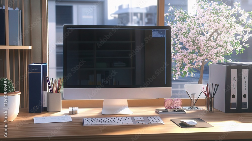Poster high angle view of minimalist workspace desk with computer