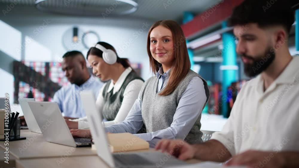 Poster University Student At Library With Laptop Doing Assignment And Preparing