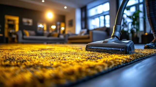 Vacuum cleaning scene in modern living room with cozy lighting and soft carpet