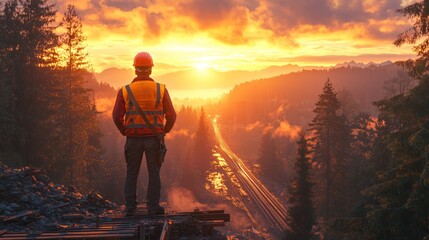 Fototapeta premium Construction Worker Observing Sunrise Over Mountain Landscape