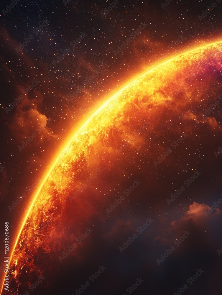 Poster fiery planet rising in a starry sky. ideal for space exploration themes, sci-fi projects, or backgro