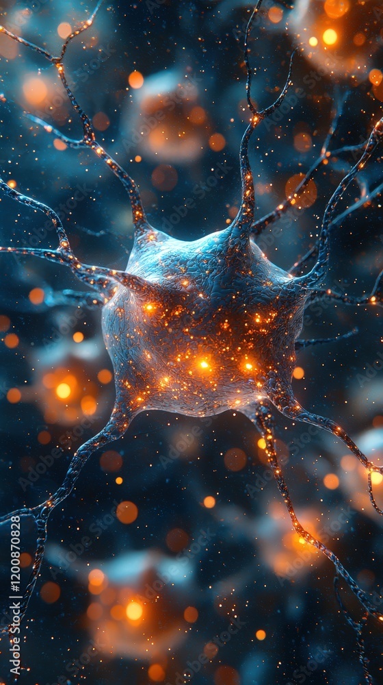 Poster a vibrant neuron with glowing nodes and connections illustrating neural activity. perfect for scienc