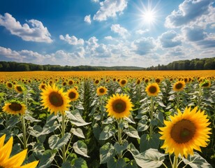 Obraz premium Sunlit Sunflower Field in Summer with Blue Sky and Bright Sun