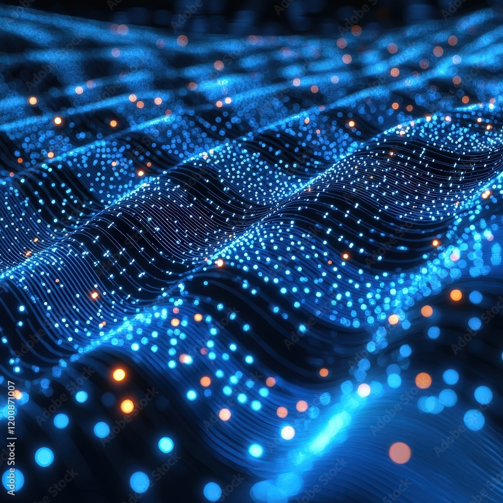 Poster wavy blue digital landscape with glowing particles. ideal for futuristic backgrounds tech visualizat
