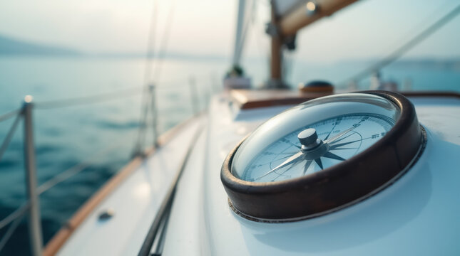 Sailboat compass on calm sea at sunrise