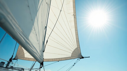 Close-up of a yacht's white sails against a clear blue sky with bright sunlight, evoking a sense of freedom, adventure, and nautical elegance
