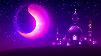 Naklejka premium Crescent Moon Night Illuminates Majestic Mosque Architecture
