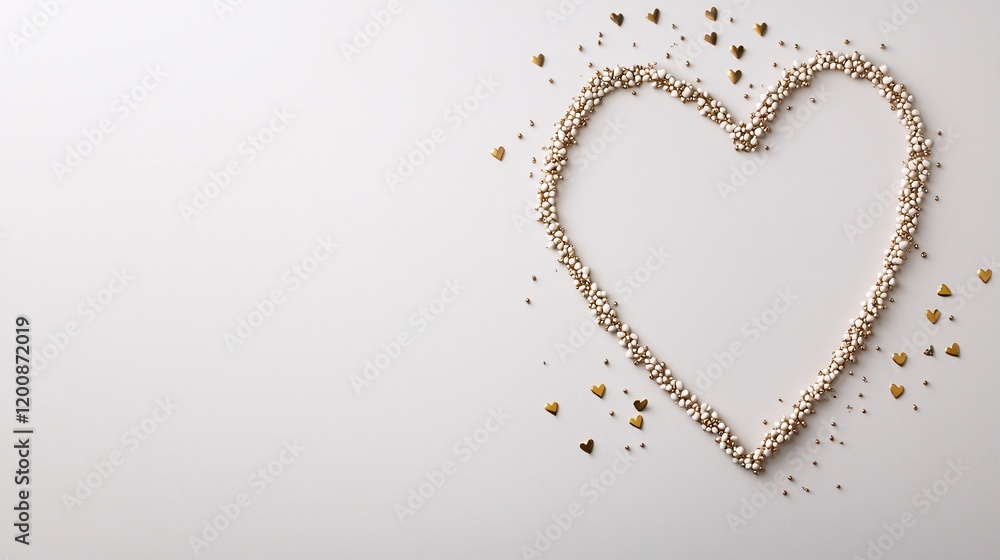 Poster a minimalist layout of sparkling heart confetti on a neutral background, forming a subtle frame for 