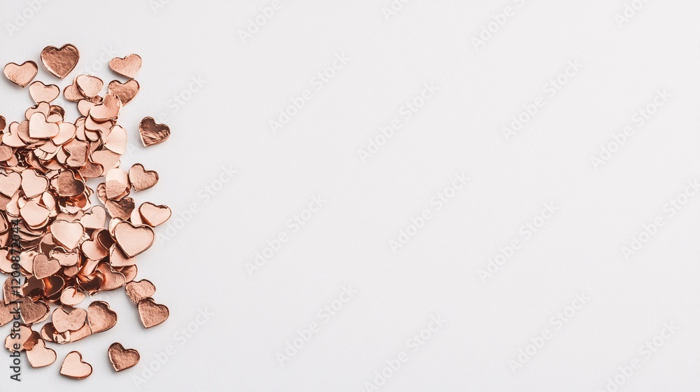 Poster a minimalist layout of sparkling heart confetti on a neutral background, forming a subtle frame for 