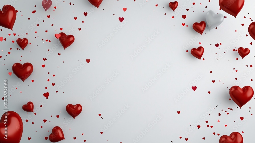 Poster a minimalist layout of sparkling heart confetti on a neutral background, forming a subtle frame for 