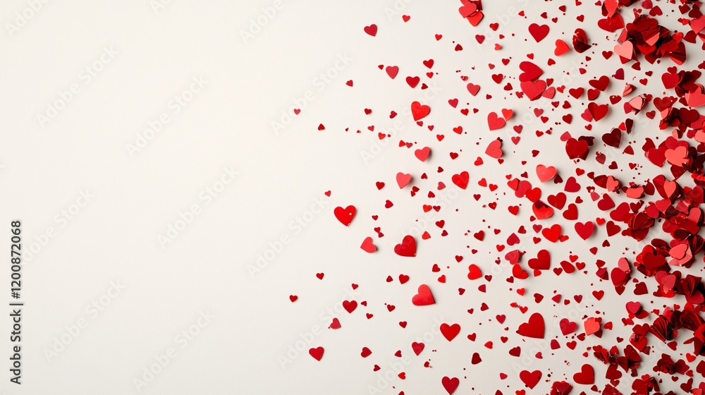 Poster a minimalist layout of sparkling heart confetti on a neutral background, forming a subtle frame for 