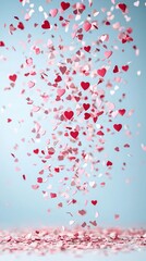 Naklejka premium Valentine's heart confetti falling in mid-air, vibrant red and pink hues, blurred bokeh background, romantic atmosphere, clean and crisp focus, dynamic motion captured