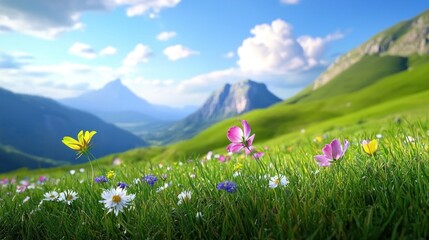 Obraz premium A vibrant meadow filled with colorful wildflowers and mountains.