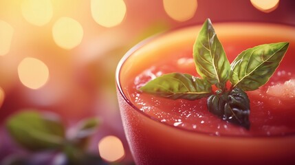 Fresh Tomato Juice Garnished with Basil Leaves in a Glass