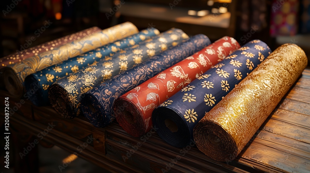 Poster elegant rolled fabrics displayed on a wooden table in soft light